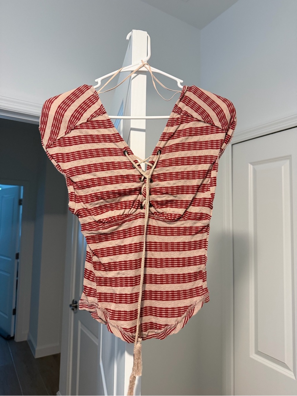We The Free Red & Cream Striped Lace-Up V-Neck Bodysuit